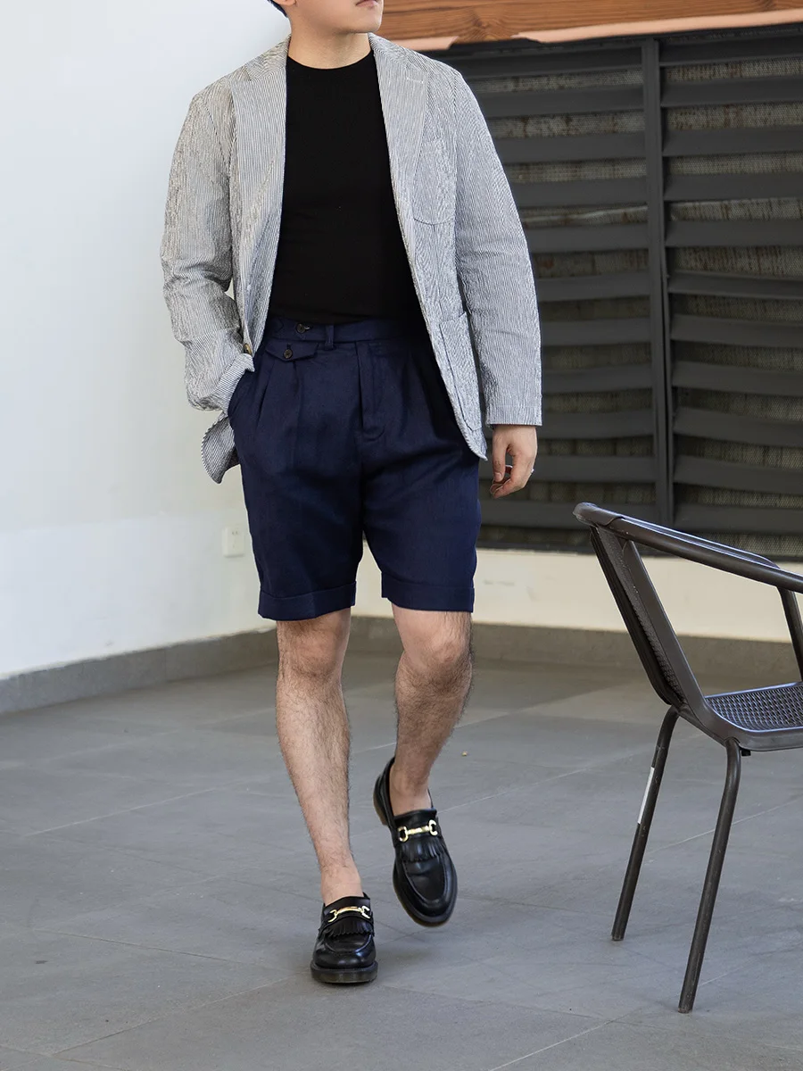

Summer Breathable Linen Shorts for Men, Navy Blue, Paris Button, Retro Pocket, Loose Fit