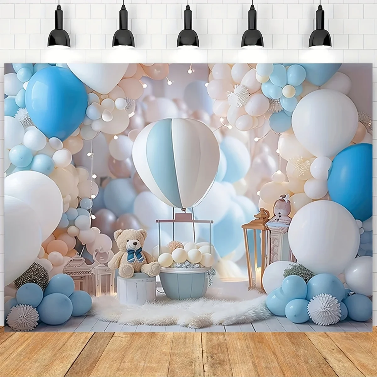 Background for baptisms and birthday parties, hot air balloon and teddy bear designs, celebrations and cake table decorations