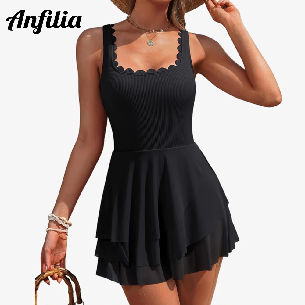 Anfilia Women One Piece Swimdress Tummy Control Swimsuits Full Coverage Bathing Suit Modest Mesh Sheer Swim Skirt