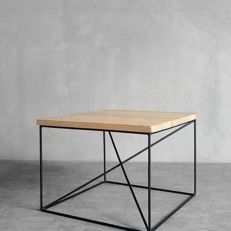 2025 new ins wrought iron solid wood coffee coffee table simple side table minimalist square Internet celebrity milk tea