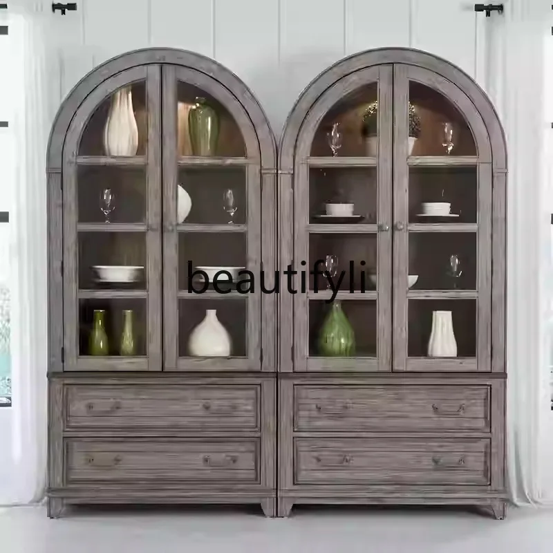 American Retro Vintage Solid Wood Arched Wine Cabinet Living Room Oak Double Door Glass Display Cabinet Bookshelf Storage view 4