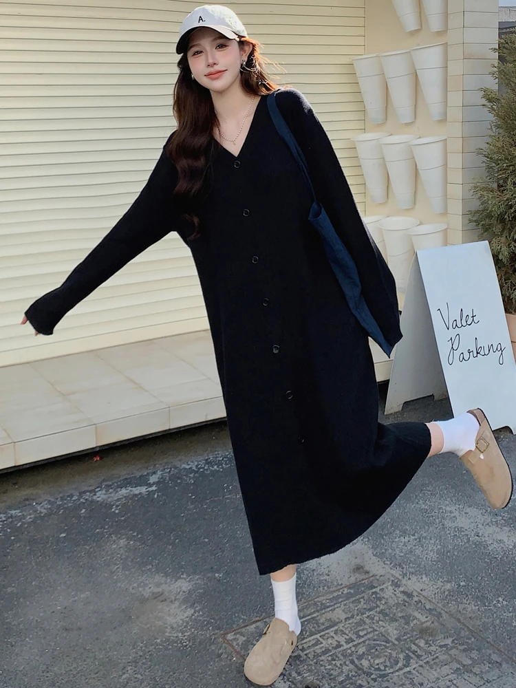 NYFS 2024 Autumn Winter New Korea Woman Dress Vestidos Elbise Loose Plus Size V-neck knitting Bottoming Long Dresses