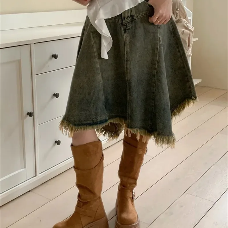 

Новая модная женская джинсовая юбка с асимметричным подолом, высокой талией, из хлопка, повседневная, весна-лето