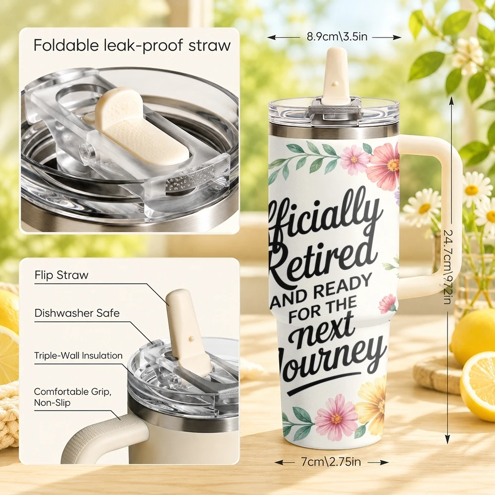 Retirement Life Vacuum Flasks 40oz Stainless Steel Tumbler with Handle Straw Lid Vacuum Insulated Double Wall Leak Proof