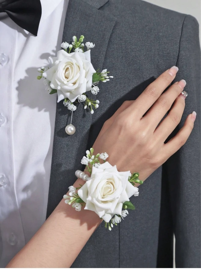 A set of 2 pieces of high-end white and red rose brooches and wrist flowers, perfect for Valentine's Day decoration