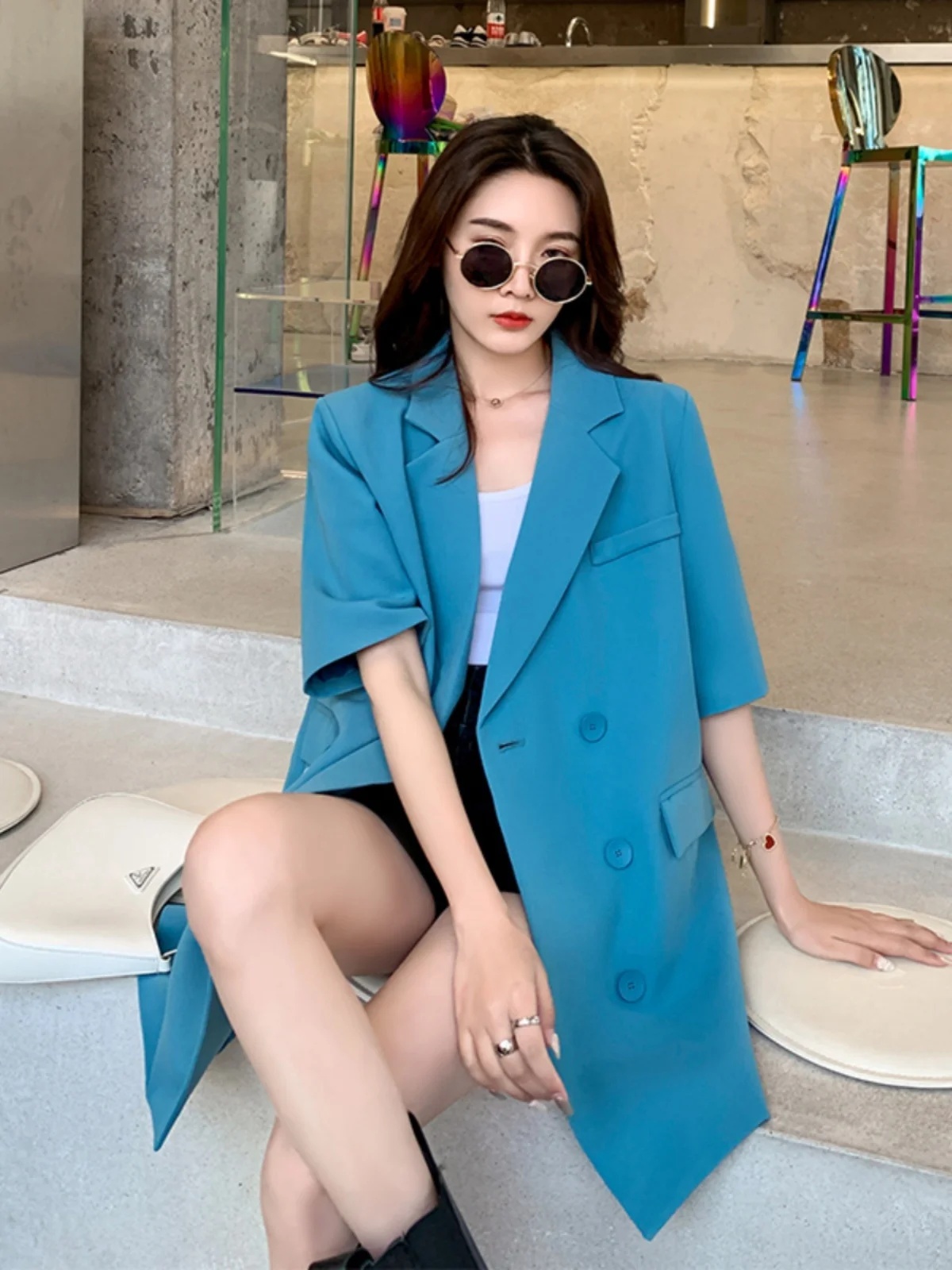 

Синий женский повседневный пиджак/жакет с коротким рукавом, высококачественный дизайн, весна-осень, новая уличная мода, верхняя одежда