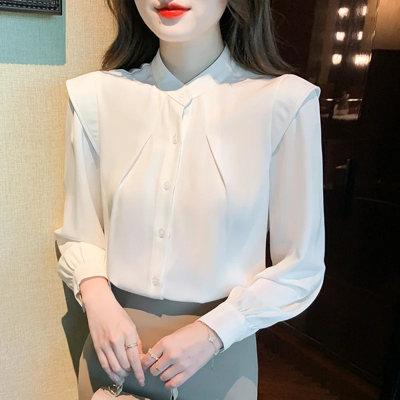 New Fashion Long Sleeve Stand Collar Blouse Shirt White Chiffon Shirt Blouse Women Tops Blouses Blusa Camisas De Mujer 2024 H482