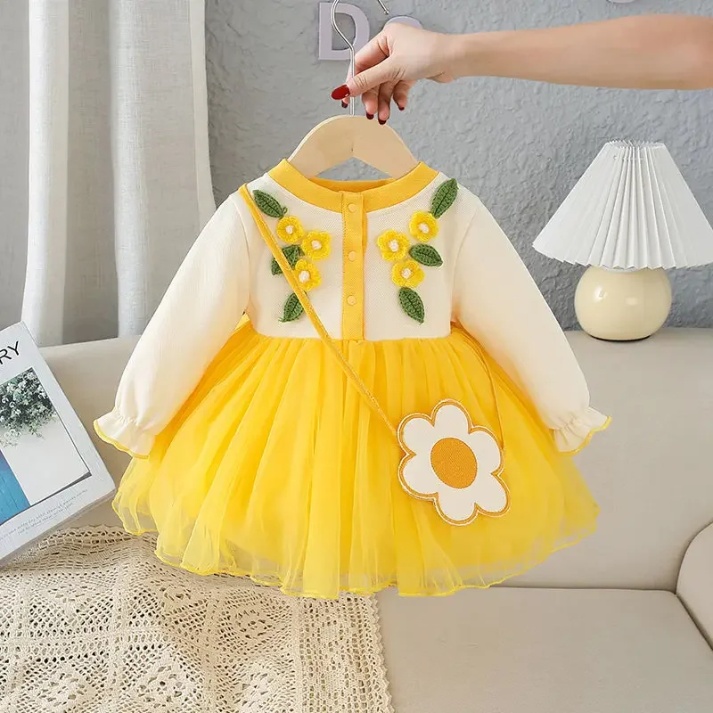 Autumn Yellow Flower Lace Floral Dress Lolita Child Girls Casual Midi Dress Children Dresses For Teens Party Princess Sundress