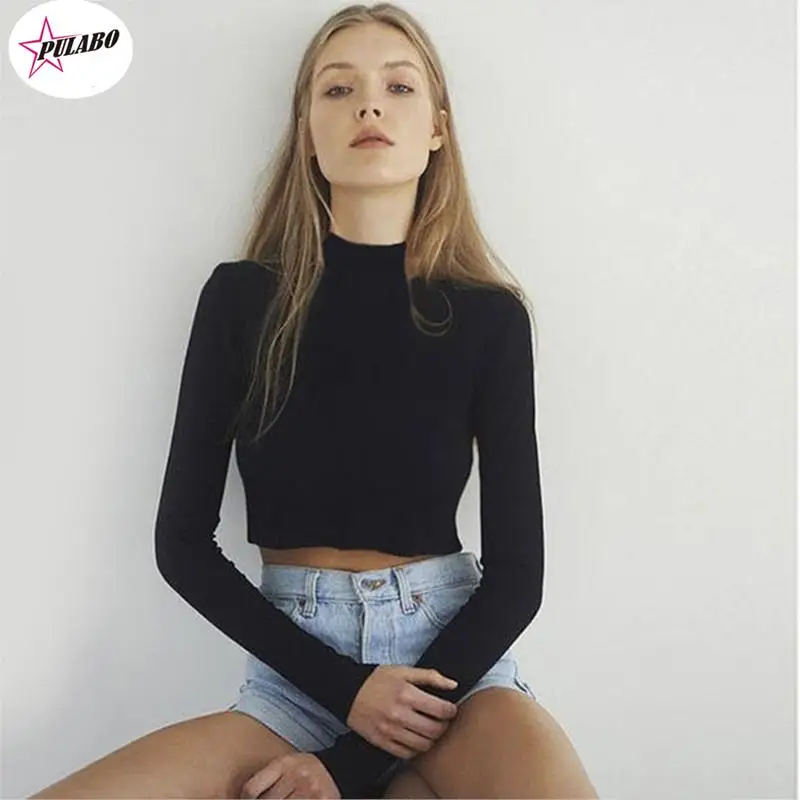 PULABO Women Slim Shirt Turtleneck Elastic Crop Tops Long Sleeve Short T-Shirt Female Autumn Tops Tees Short Casual Black