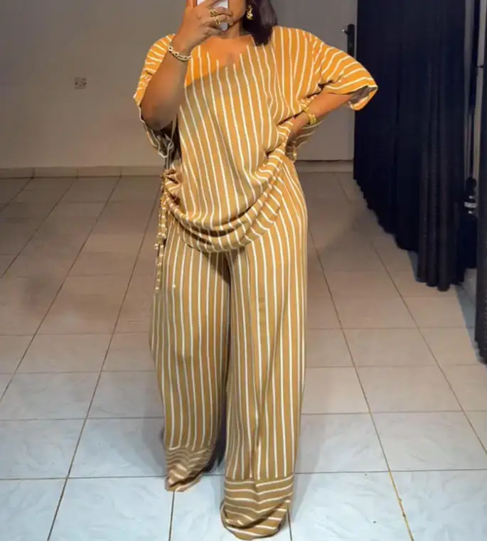 Two Piece Set Women Outfit 2026 Spring Summer New V-Neck Half Sleeve Striped Loose Top & High Waist Casual Wide Leg Pants Set