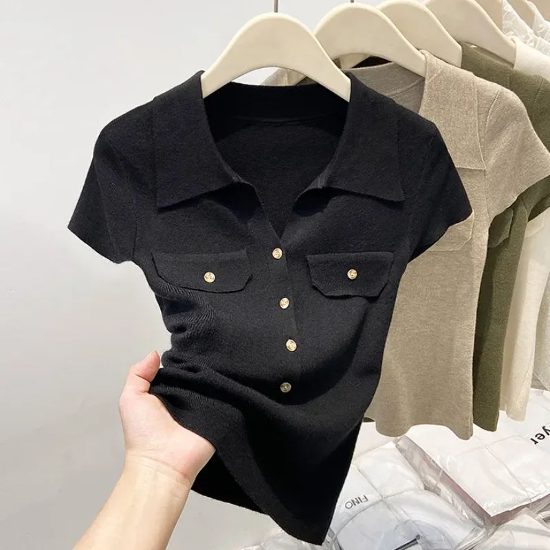 Polo Collar Right Shoulder Ice Silk Top Women's Summer High-end American Short-sleeved T-shirt