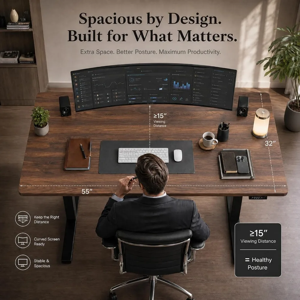 55x32 Inches Walnut Electric Standing Desk Height Adjustable with 2 Memory Presets Home Office