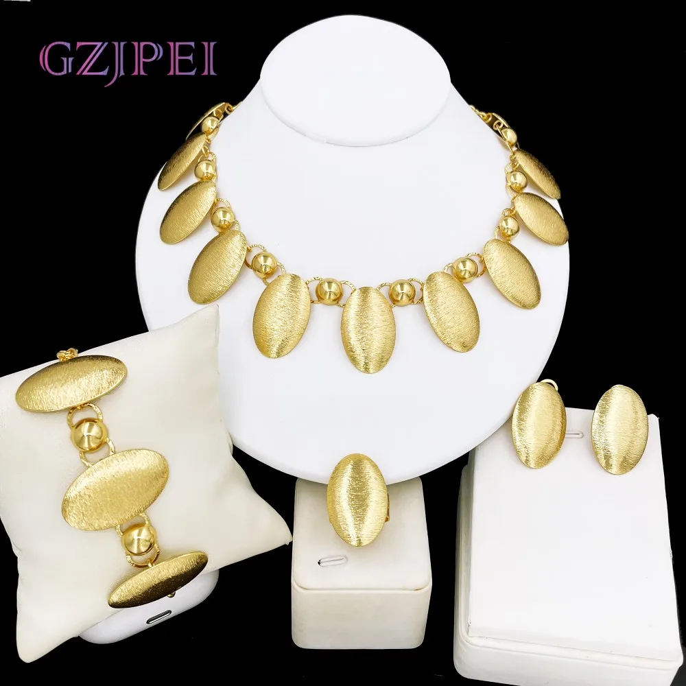 GZJPEI 4Pcs Jewelry Set 18K Gold Color Oval Drop Pendant Necklace Bracelet Chic Earring Ring Dubai Nigeria Wedding Jewellery