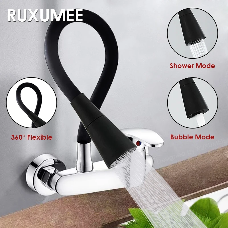 صنبور مطبخ مرن مثبت على الحائط، أوضاع مزدوجة قابلة للدوران 360 درجة، صنابير حوض مياه ساخنة وباردة من الكروم المصقول باللون الأسود