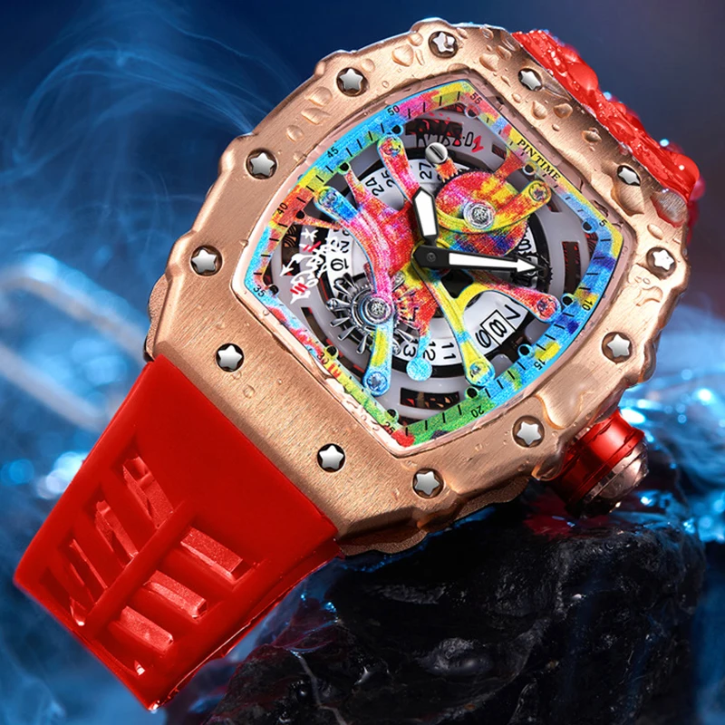 

Hollowed-out Case Men Mechanics Watch Waterproof Silicone Band Barrel Shaped Dial Graffiti Luminous Pointer Man Wristwatches
