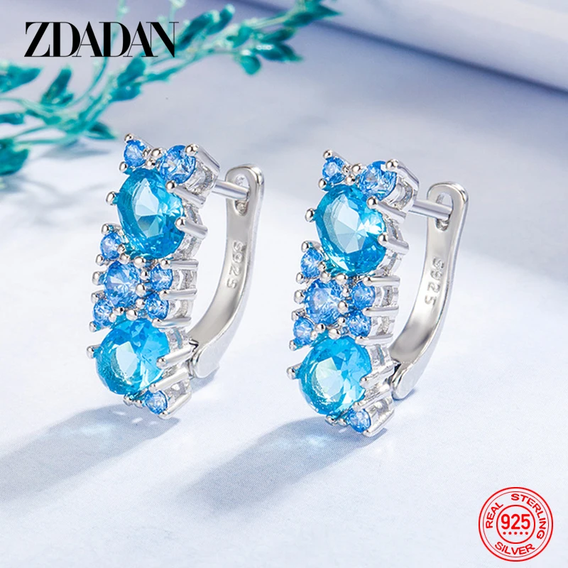 ZDADAN 925 Silver Aquamarine U Shaped Hoop Earrings For Women Fashion Jewelry