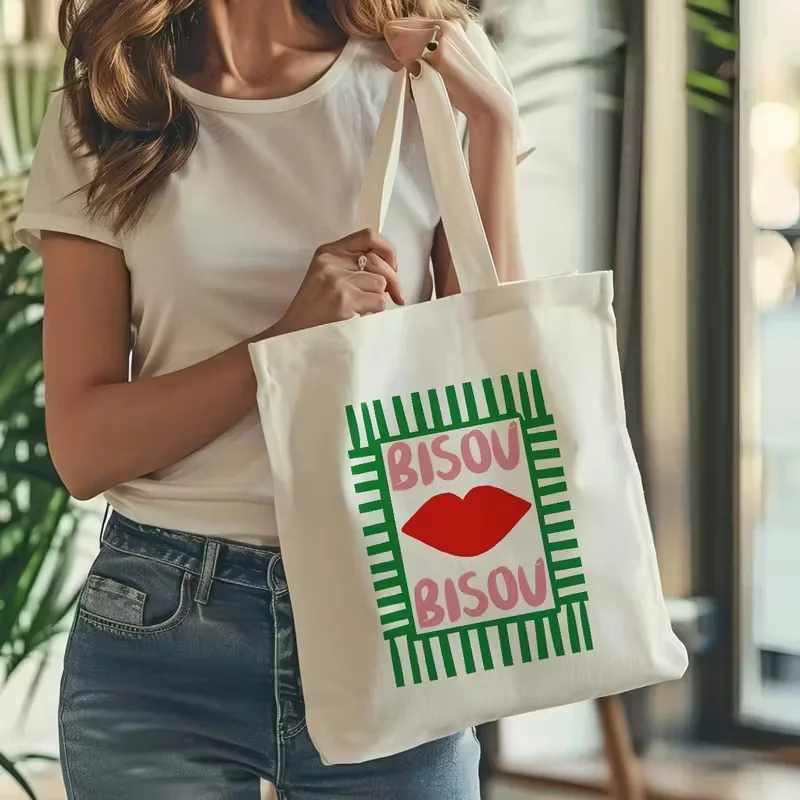 French Bisou Bisou Red Lips Canvas Tote Bag Women Aesthetic Harajuku Shoulder Bag Reusable Shopping Bag Romantic Summer Handbags