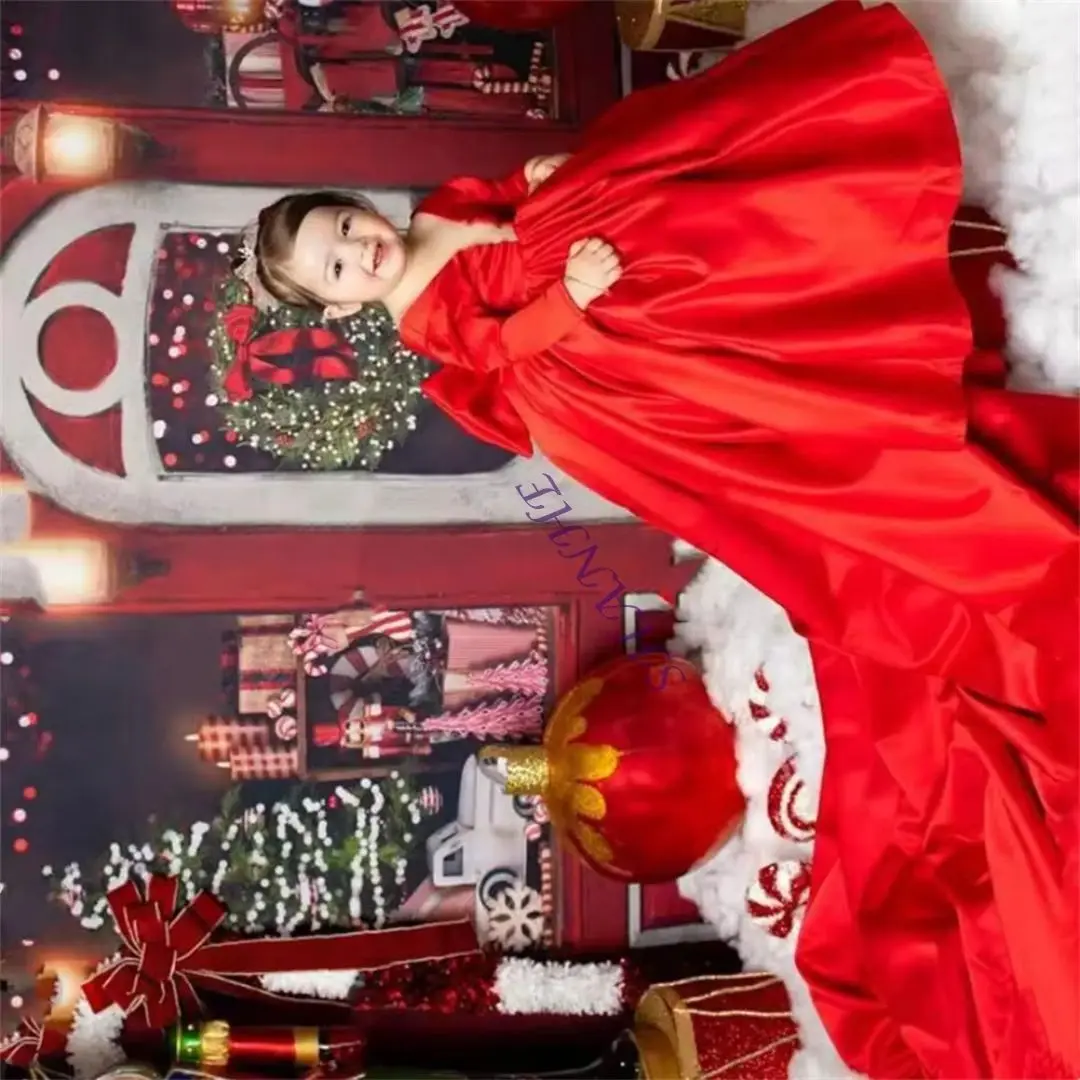 

Красное атласное платье для девочки с V-образным вырезом, бантом и длинным шлейфом, в стиле принцессы, для праздников, дней рождения, Святого Причастия, свадебное платье на заказ