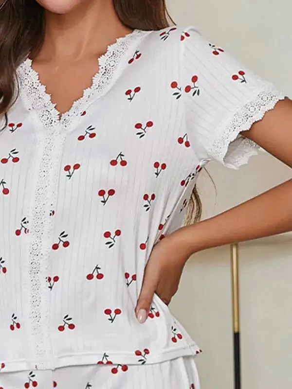 純粋な欲望スタイルの女性のパジャマ秋夏セクシーな V ネックレースチェリープリント Tシャツスリムフィット半袖ショーツセット G4J7