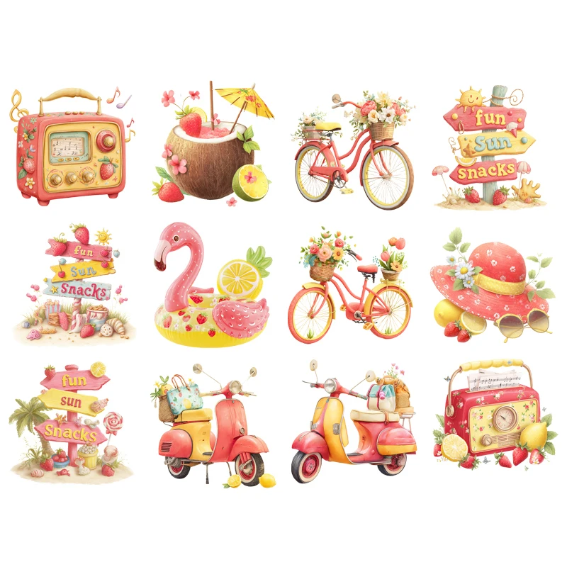 Strawberry colored road signs, radio music Heat Transfer Stickers DTF Iron On Transfer Patches For Children's adult Clothes Deca