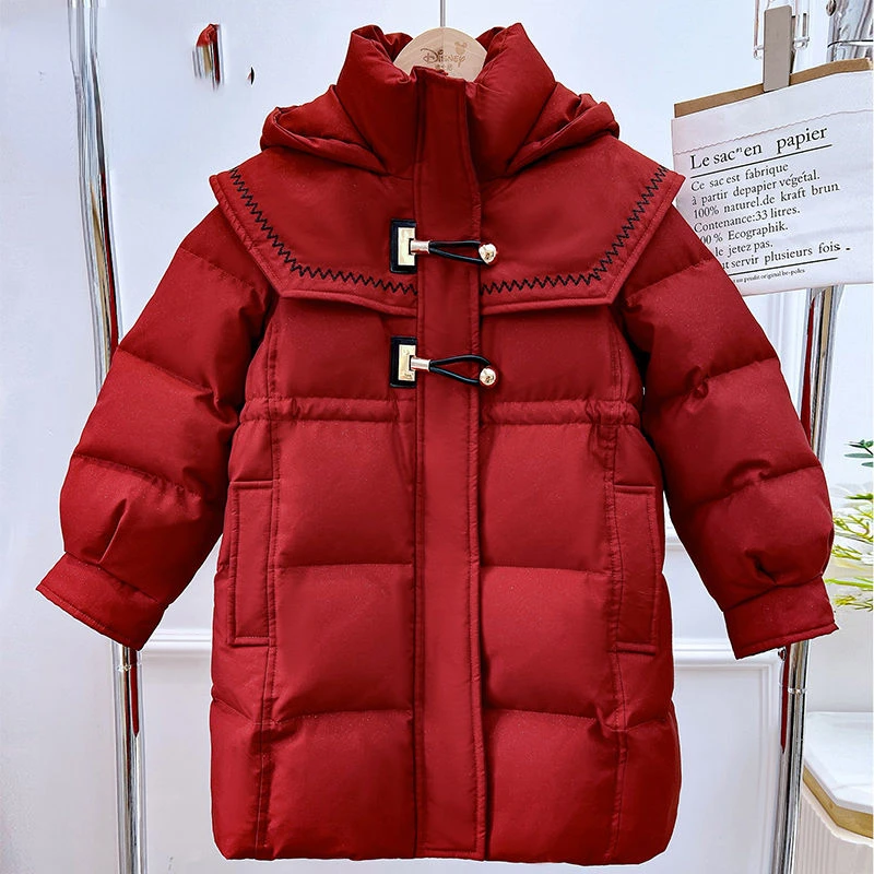 2024 Children's Winter Jacket Girls Down Jacket Baby Padded Solid Color Coat Kids Long Clothes Hooded Waterproof Parkas W01