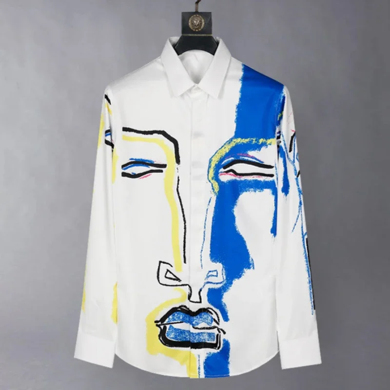 Chemise décontractée d'affaires de visage de graffiti de luxe pour hommes, chemise à manches longues mince, haut de gamme, banquet, fête sociale, chemisier de smoking