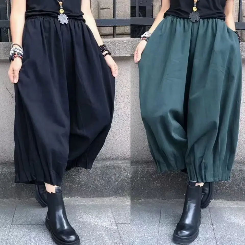 

2026 New Summer Plus Size Women's Style Wide Leg Pants Elastic Waist Pleated Baggy Lantern Harem Pants Loose Casual Trousers