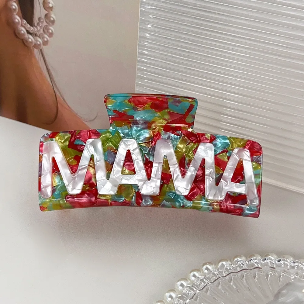 Cute Square MAMA Hair Claw Retro Ponytail Clip Acetic Acid Shark Clip Colorful Leopard Print Geometry Hair Claw Daily
