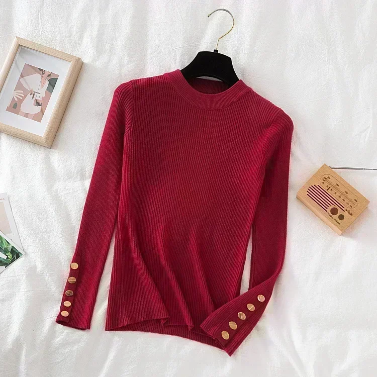 Women Autumn Winter Sweater Button Knitted Top Streetwear Solid Slim Pullover O Neck Streetwear Simple Chic Long Sleeve Jumpers