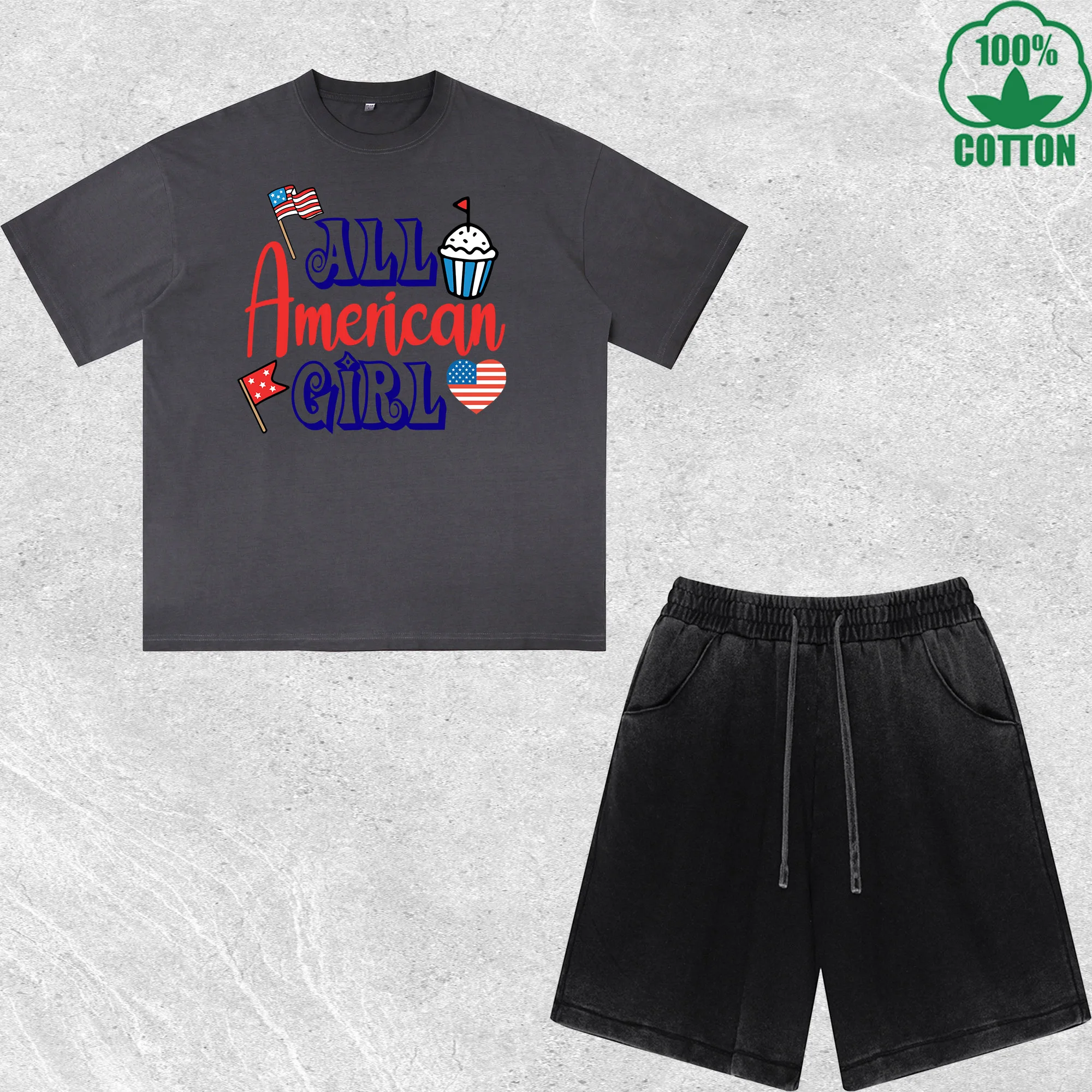 

All American Girl Printed Dirty Wash T-Shirt Shorts Set Multicolor Combo Loose Trendy 100%Cotton