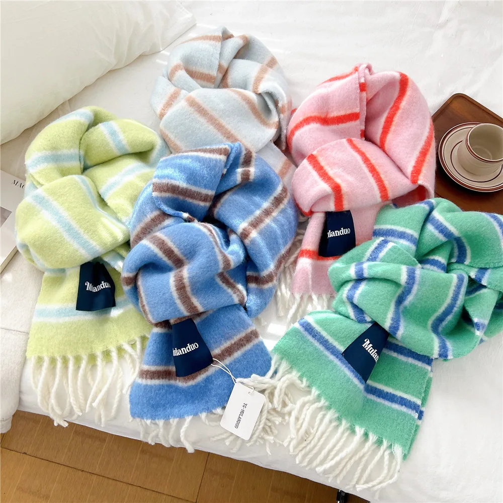 

Striped Tassel Scarf for Women, Thickened Warmth and Cold Protection Neck Warmer for Autumn and Winter
