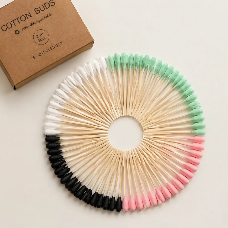 1 Box 200Pcs Bamboo Cotton Swabs Biodegradable Multi‑Color Cotton Buds Kraft Paper Box for Ear & Makeup Daily Home Use