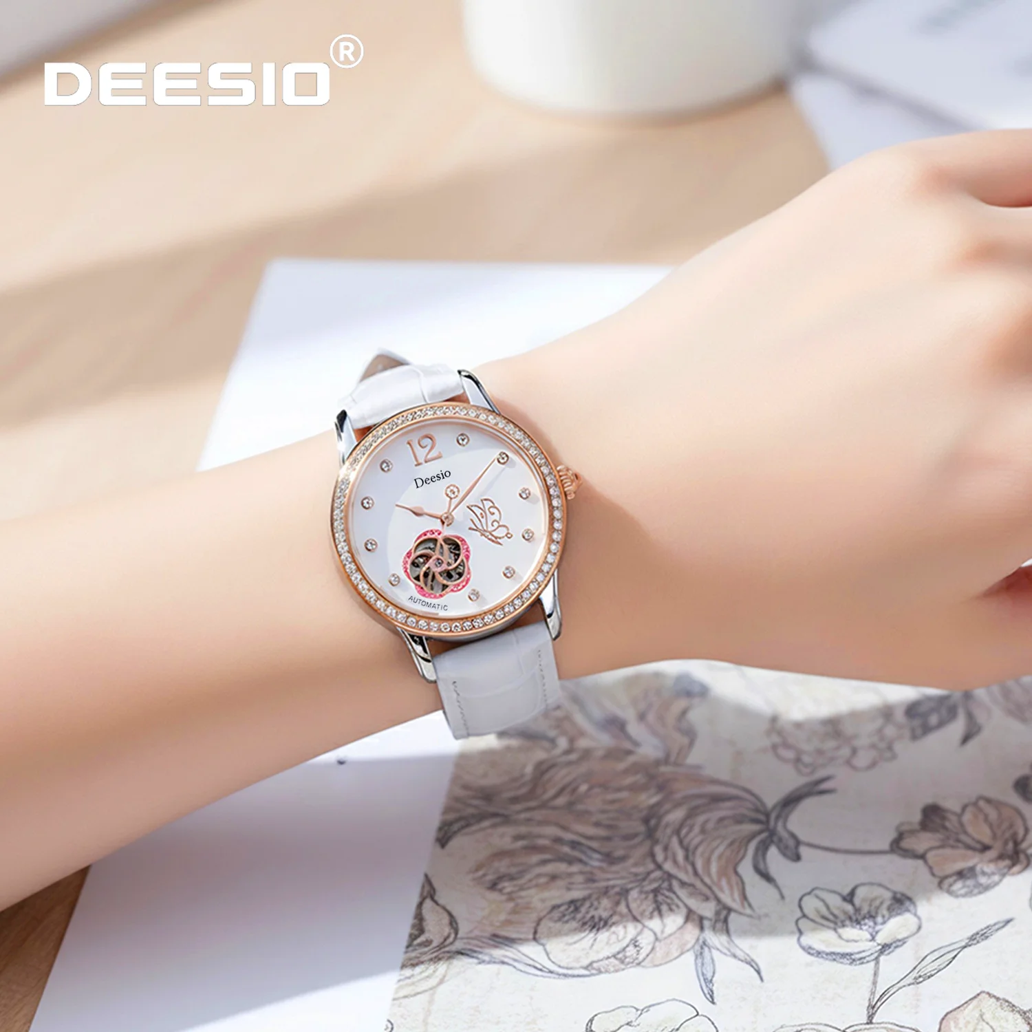

Deesio Luxury Women's Mechanical Watch Skeleton Dial Water Resistance Stainless Steel Case Leather Strap Dress Wristwatch Gift