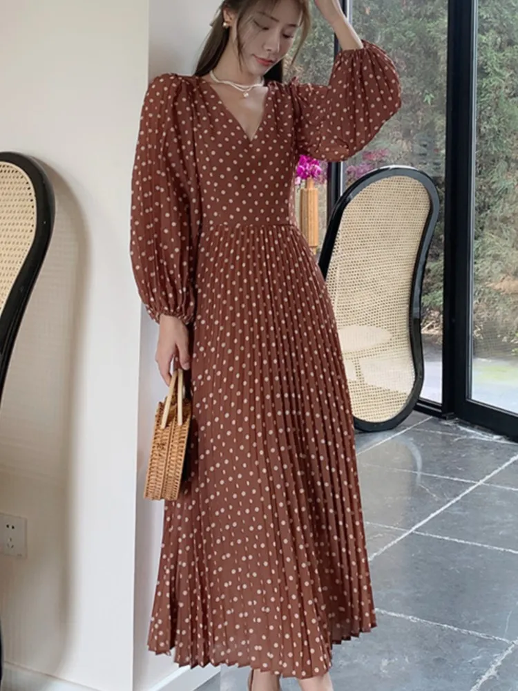 Damskie Sukienki Vintage w Kropki, Eleganckie Sukienki z Dekoltem w Serek, Wąskie Sukienki z Bufiastymi Rękawami, Sukienki na Wakacje, Bal, Wieczór, Nowe Stroje Damskie