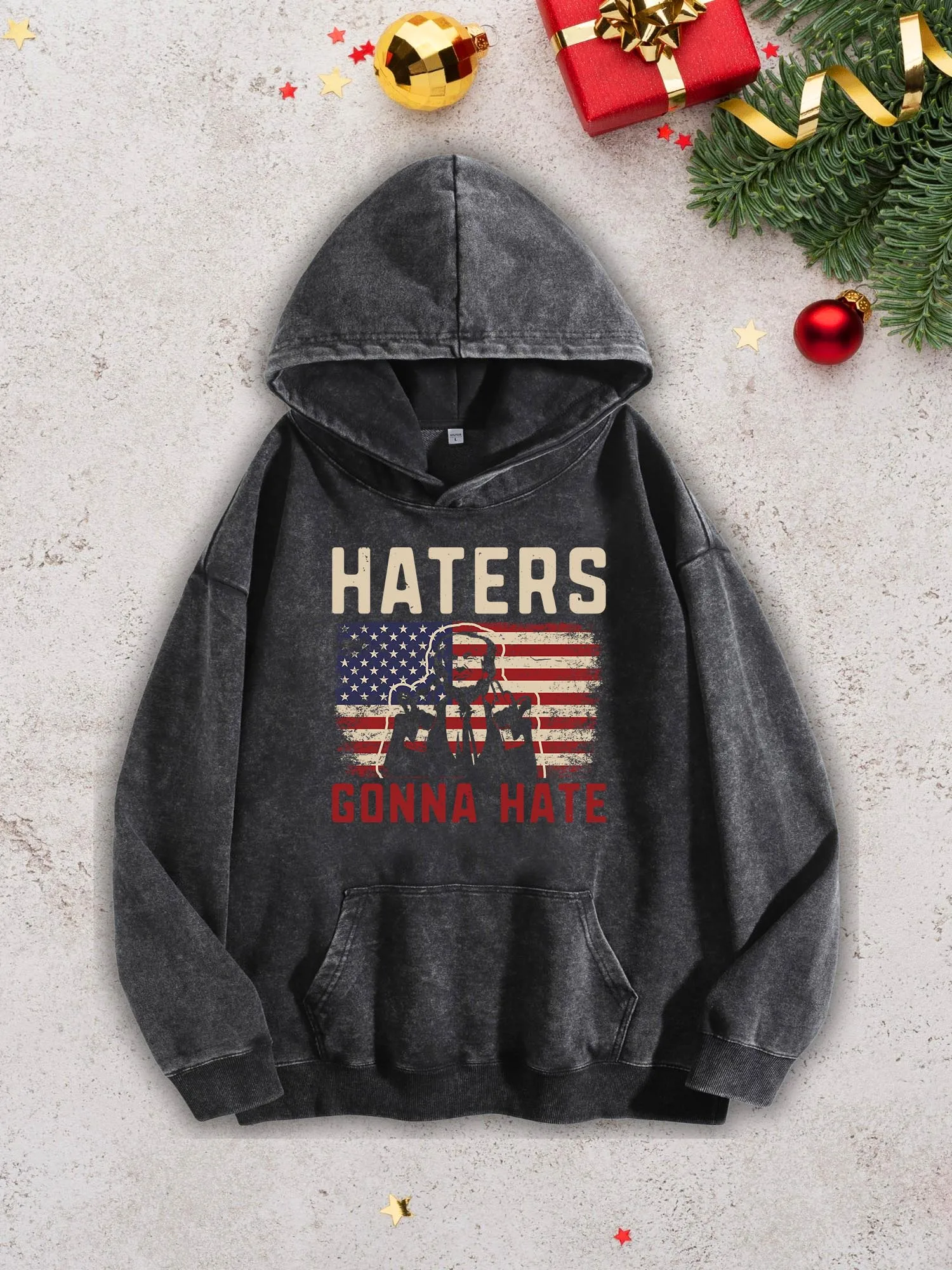 

Haters Gonna Hate Men's Heavyweight Hoodie - Acid Wash Retro Black Pullover, Fall & Winter Sweatshirt 400Gsm