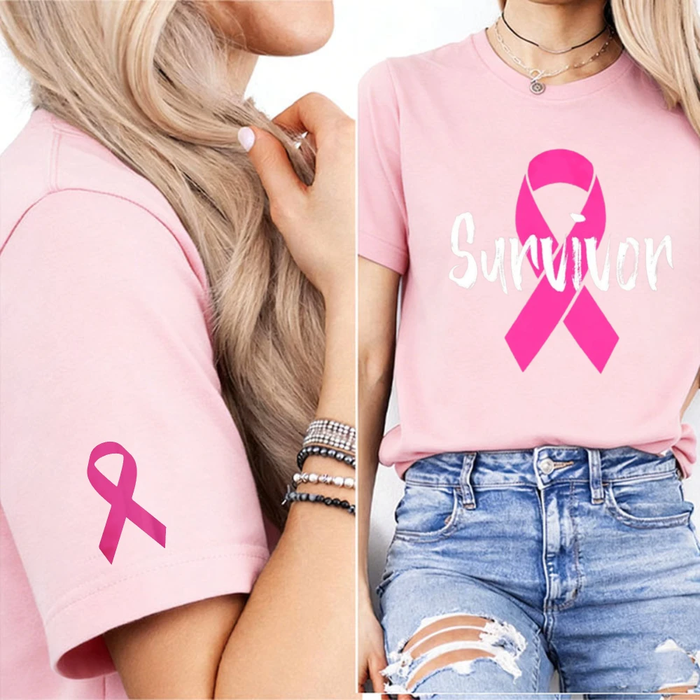 Vintage Survivor Pink Ribbon Graphic Women T-Shirt Simple Pink Ribbon Cuff Print Breast Cancer Warrior Awareness Casual Tee Tops