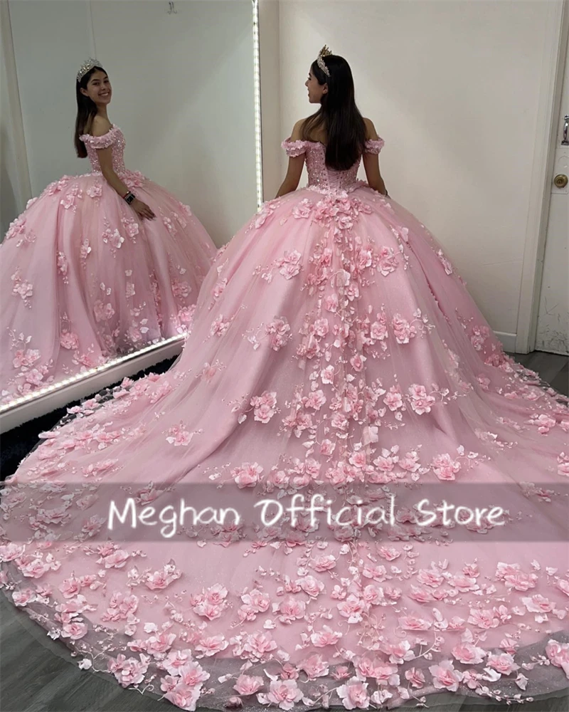 Rosa fora do ombro 3d flor quinceanera vestidos de baile grânulo apliques 2025 aniversário vestido luxo arco vestido formal personalizado