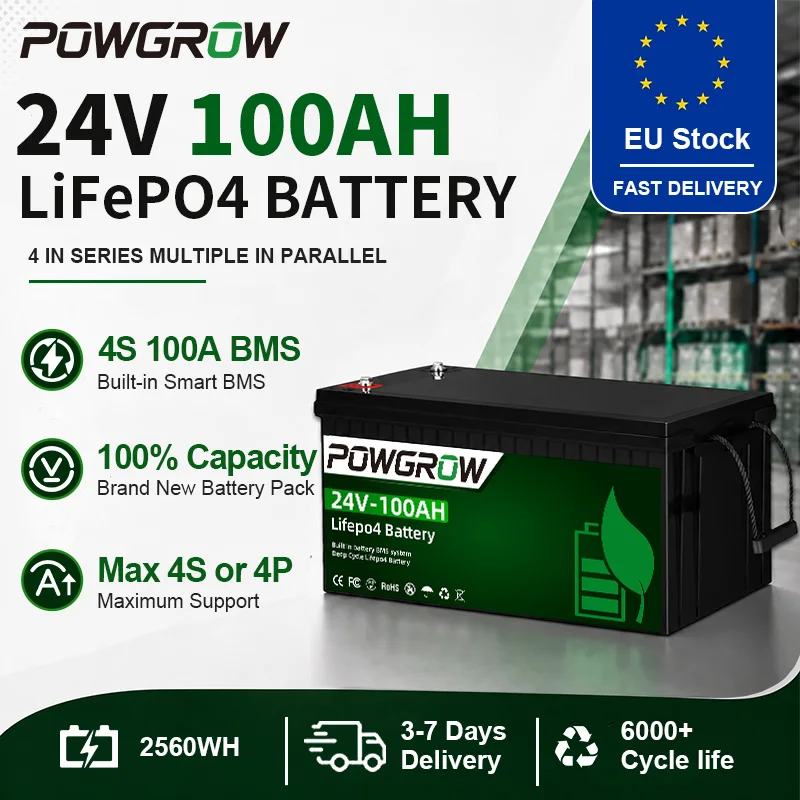 Image of POWGROW 6000 Zyklen Deep-Cycle LiFePO4 Batterie 12V 24V 100AH 300AH Lithium-Eisenphosphat-Batterie mit großer Kapazität, integriertem BMS, wiederaufladbar für netzunabhängige Solaranlagen