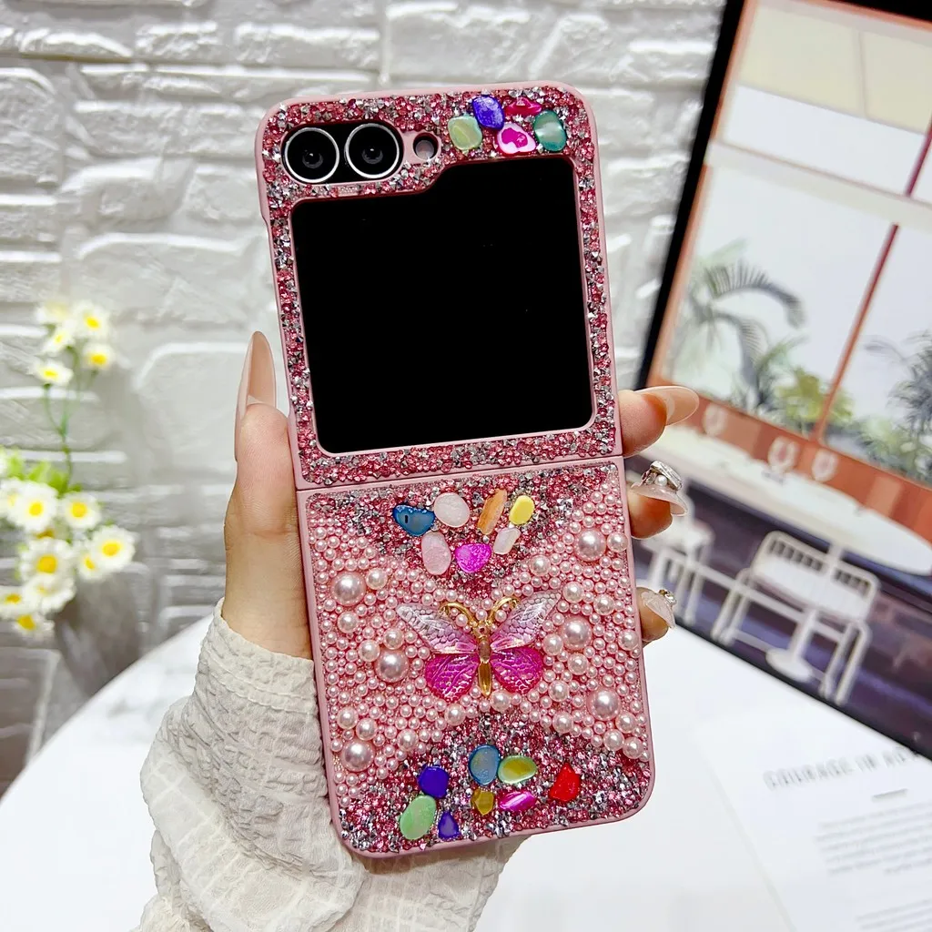 Pearl Sparkling Diamond Stone Butterfly Case For Samsung Galaxy Z Flip 6 5 4 3 Z Flip6 ZFlip5 Flip4 Flip3 5G Shockproof Cover