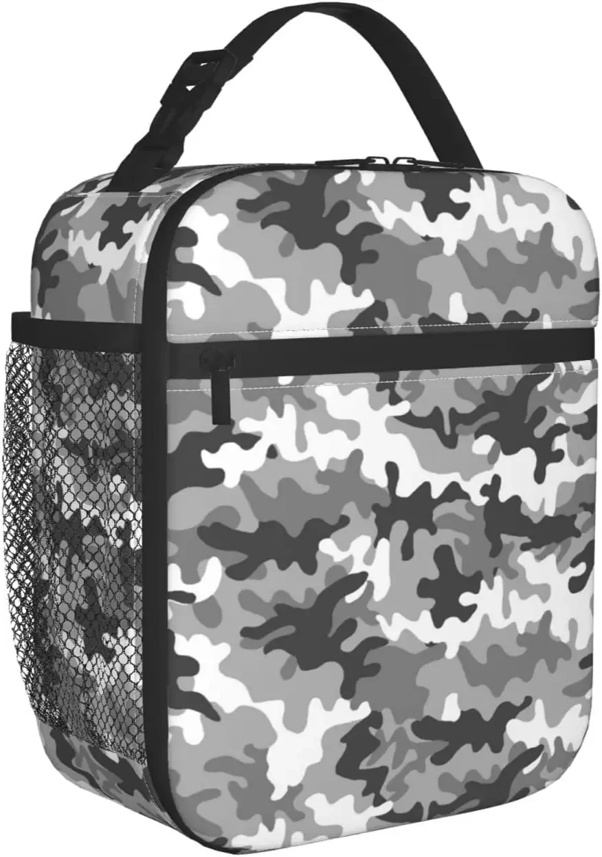 Urban Camouflage Insulated Lunch Bags for Women and Men, Reusable Gray Camo Lunch Boxes, Tote Bag,Black White Lunch