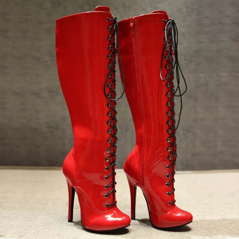 CACA Stivali alti al ginocchio da donna con tacco 14 cm, Scarpe cosplay SM da uomo fetish, Botas lunghi in pelle verniciata, Allacciatura, Taglia