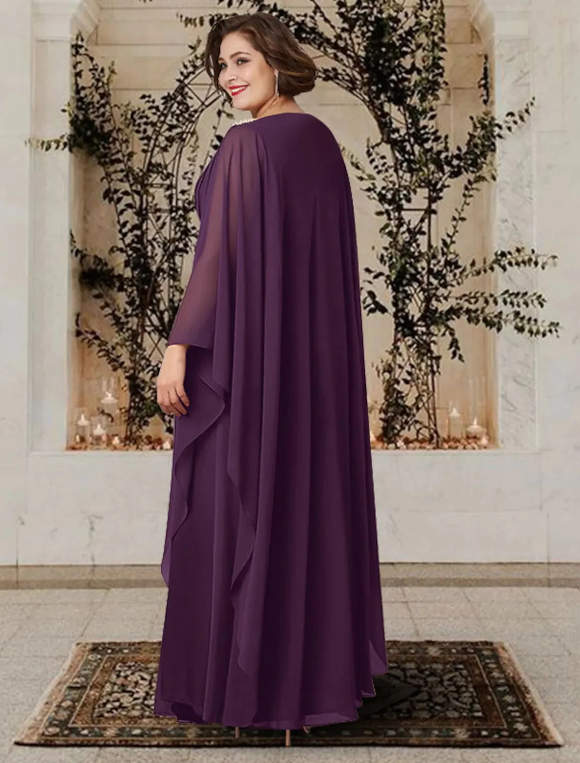 Grape A-line Mother of the Bride Dress Plus Size Elegant V Neck Floor Length Long Sleeve Chiffon Women Guest Formal Gowns