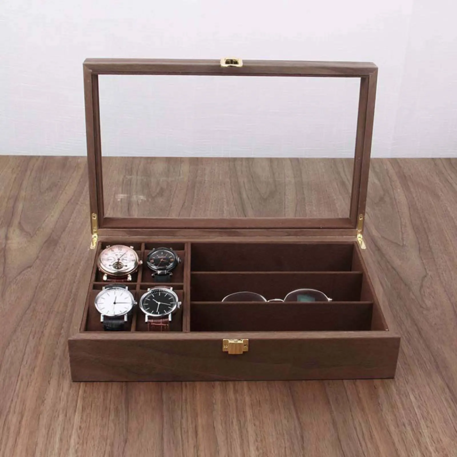 

4 Compartment Watch 3 Compartment Glasses Holder Vintage Design Wooden Watch and Glasses Box Walnut Wood Jewelry Organizer