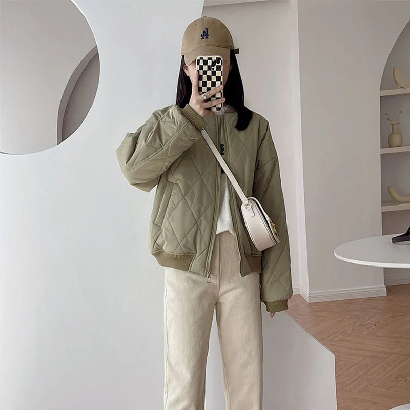 Abiti invernali semplici da donna Parka casual Colletto alla coreana Uniforme da baseball Addensare giacche a maniche lunghe larghe scozzesi trapuntate termiche