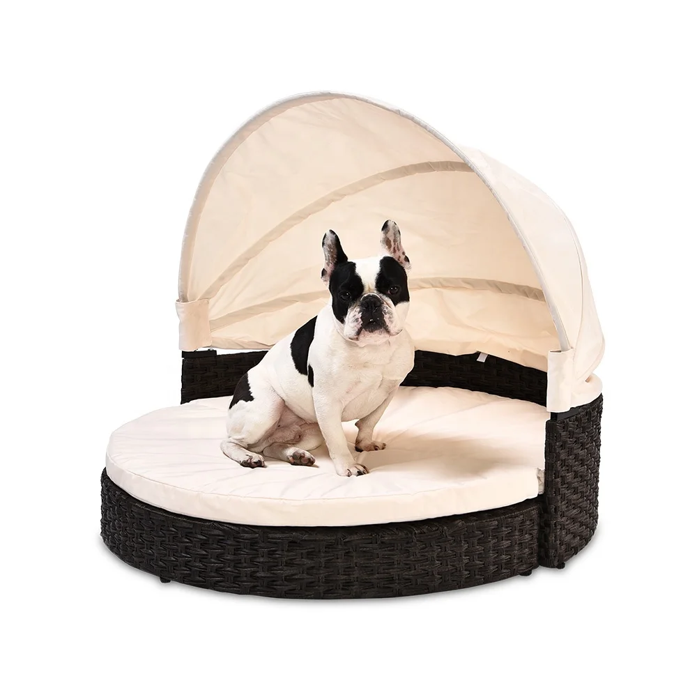 Indoor Outdoor Removable Sunshade Foldable Artificial PE Rattan Pet Dog Bed With Canopy