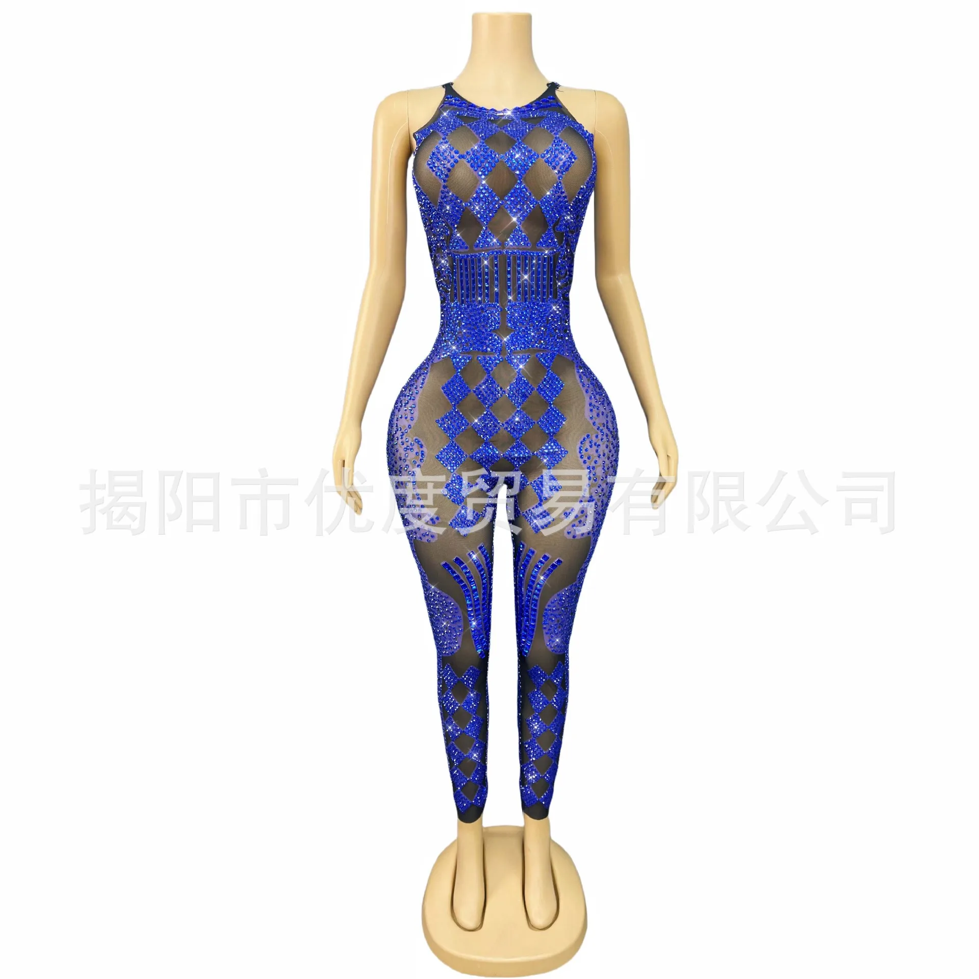 

Personalized Handmade Rhinestones Skinny Sexy Perspective Mesh Dress Party Night Jumpsuit Poker Blue Robe Femme Chic Et Élégante
