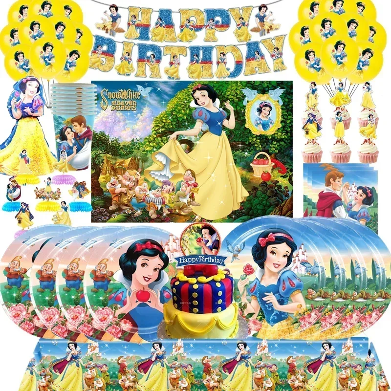 Princess Snow White Birthday Party Decorations Supplies Disposable Tableware Sets Girl Party Cups Plates Tablecloth Decor