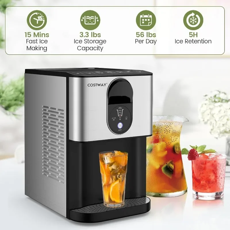 COSTWAY Self Dispensing Nugget Ice Maker เคาน์เตอร์, 56 ปอนด์/24H Soft Chewable Ice, Pebble Ice Maker พร้อมทําความสะอาดตัวเอง