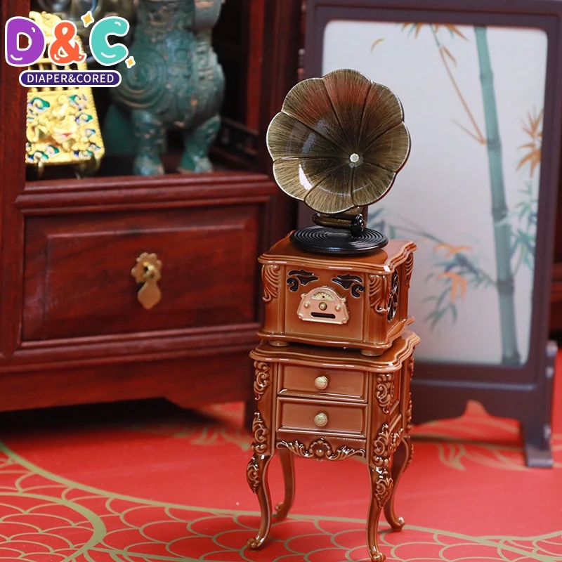 Dollhouse Miniature Retro Gramophone With Music Mini Phonograph Record Simulation Gramophone Handicrafts Home Model Toys Decor