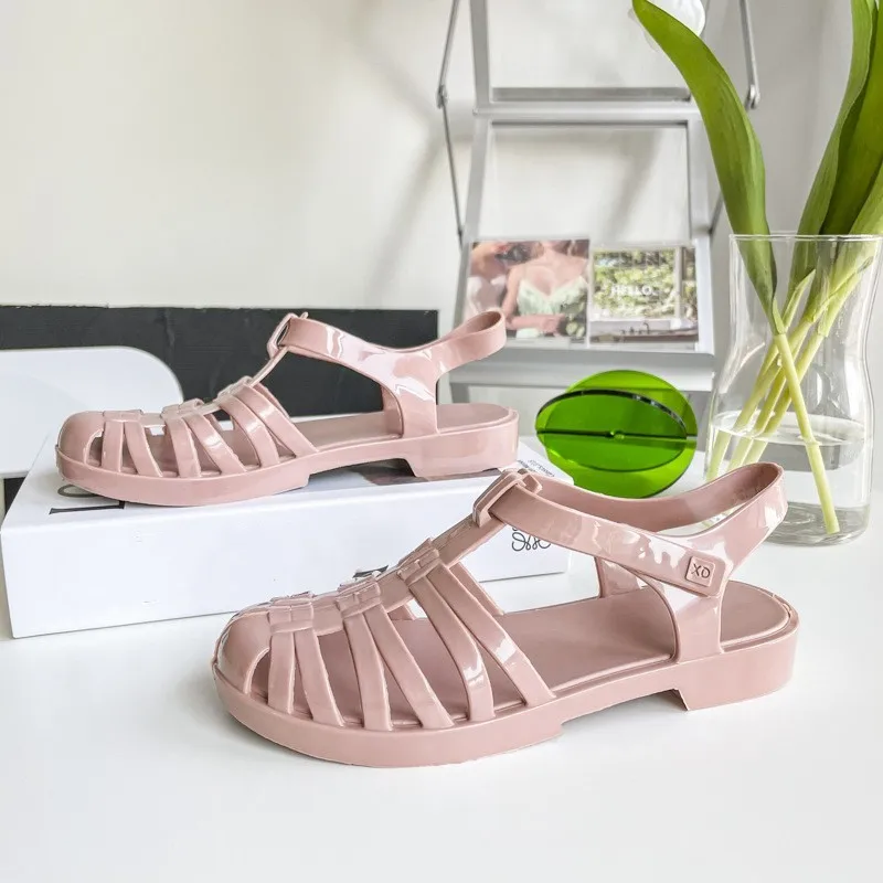 Summer Baotou Roman Women\'s Sandals Vintage Flat Heel Transparent Crystal Beach Shoes Flat Bottom Plastic Jelly Shoes SHW147